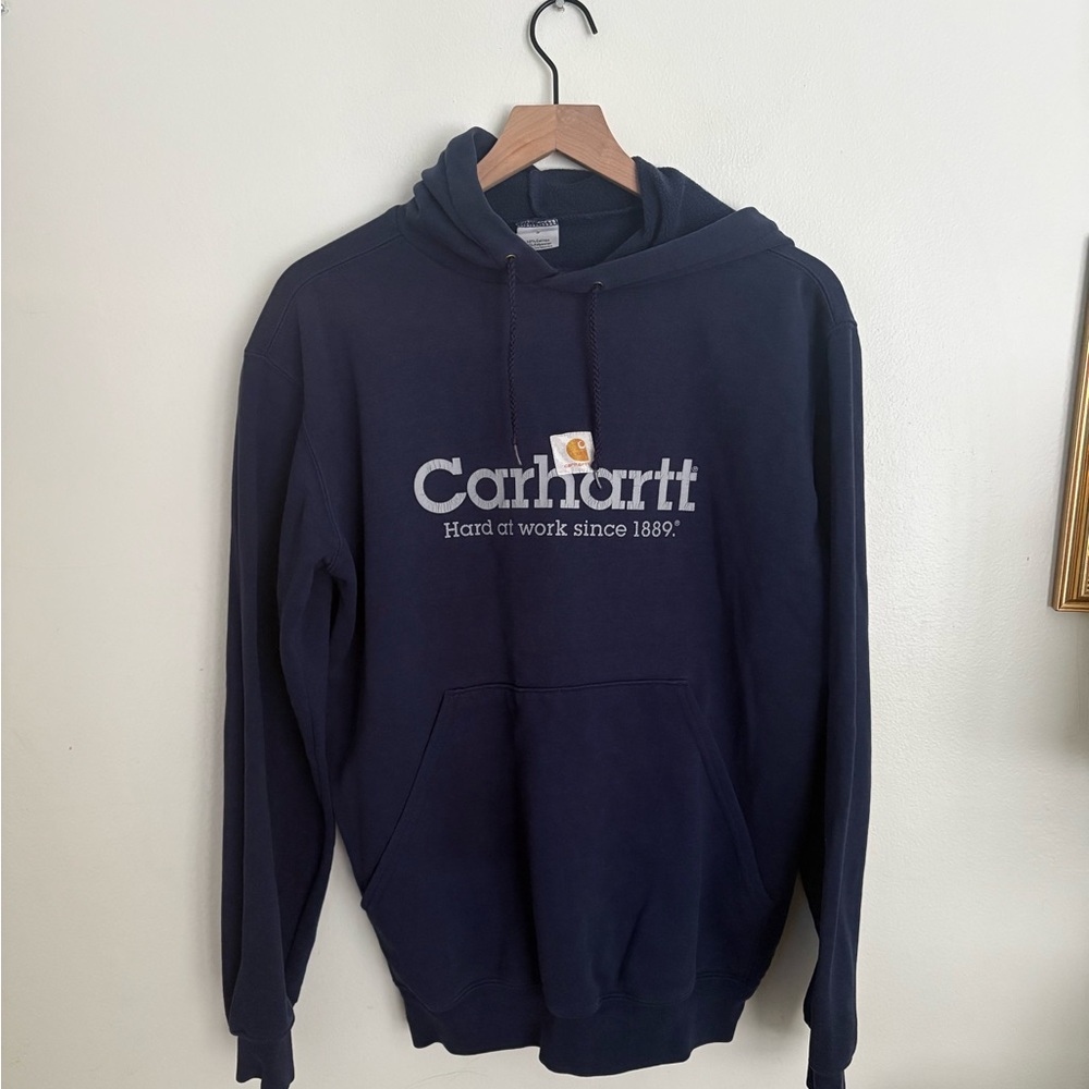Carhartt VINTAGE Men's Deep Blue Graphic Patch Logo Pullover Hoodie Small VGUC